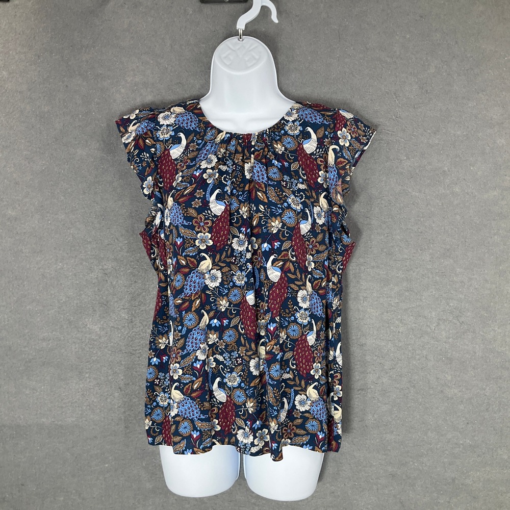 LOFT Top Womens S Peacock‎ Print Blouse Ruffle Sleeve Button Keyhole Whimsical